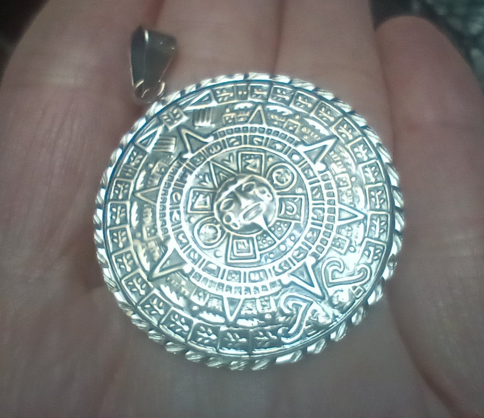 925 Silver Aztec Calendar Pendant Necklace Taxco Mexico f1051