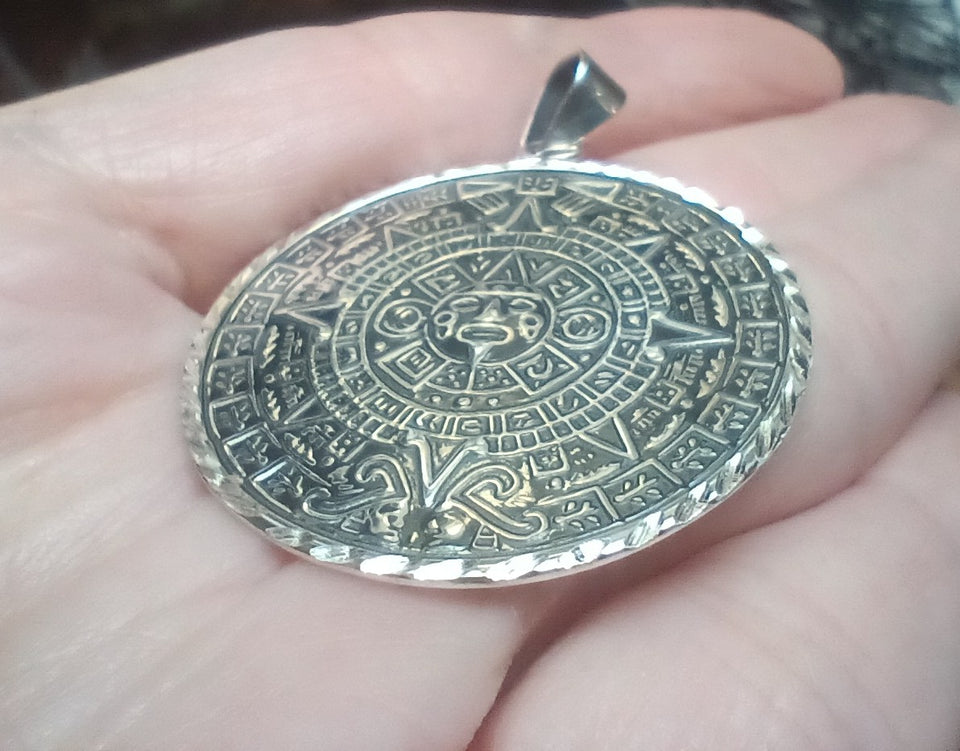 925 Silver Aztec Calendar Pendant Necklace Taxco Mexico f1051