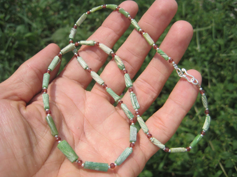 925 Silver Old Roman Glass  Garnet Bead necklace Afghanistan Jewelry art A72