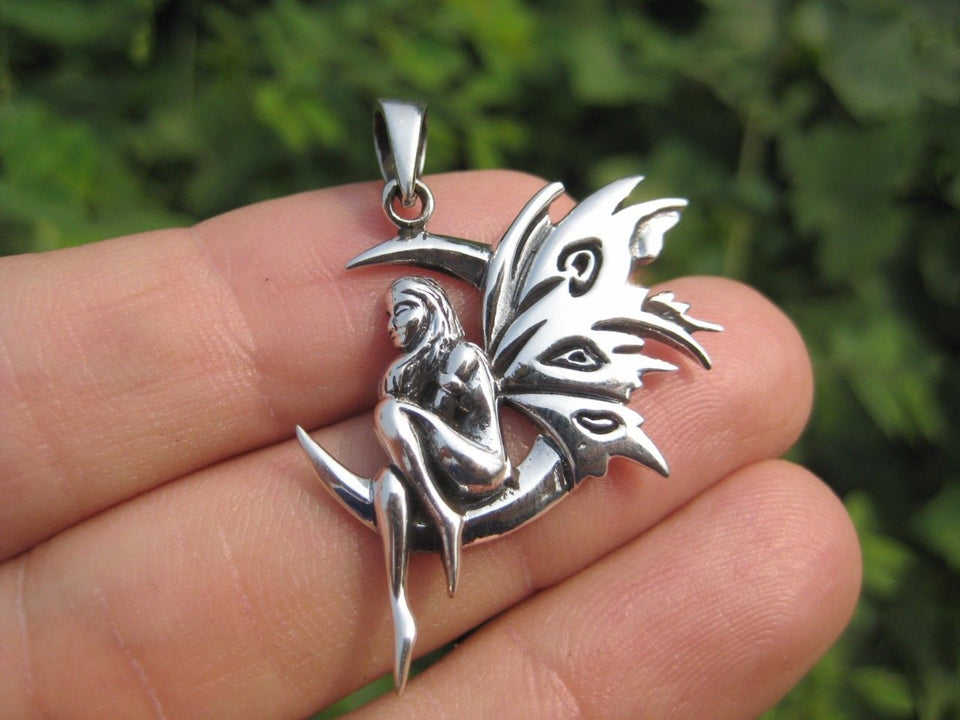 925 sterling silver fairy on moon pendant necklace A3