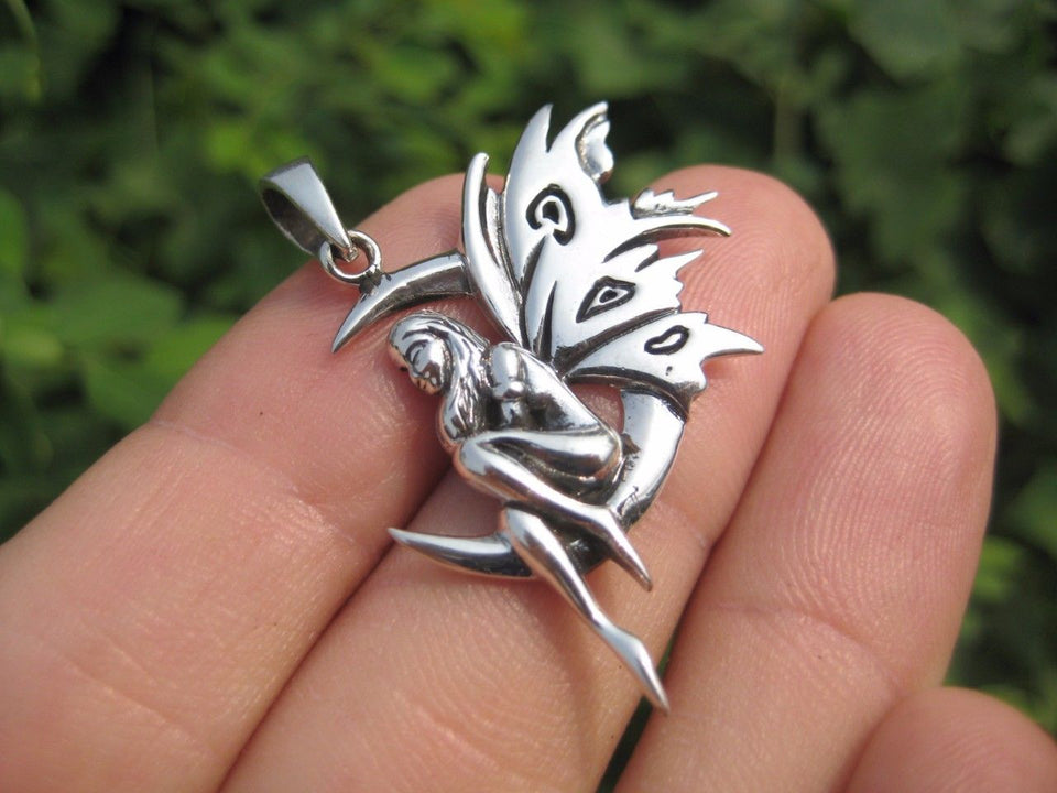 925 sterling silver fairy on moon pendant necklace A3