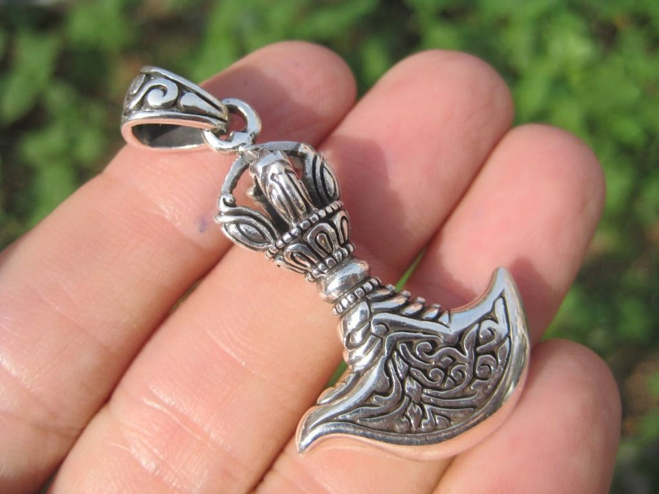 Large 925 Silver Kartika Vajra Dorje Axe Knife Pendant Necklace A7