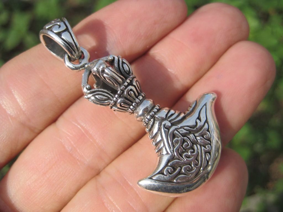 Large 925 Silver Kartika Vajra Dorje Axe Knife Pendant Necklace A7