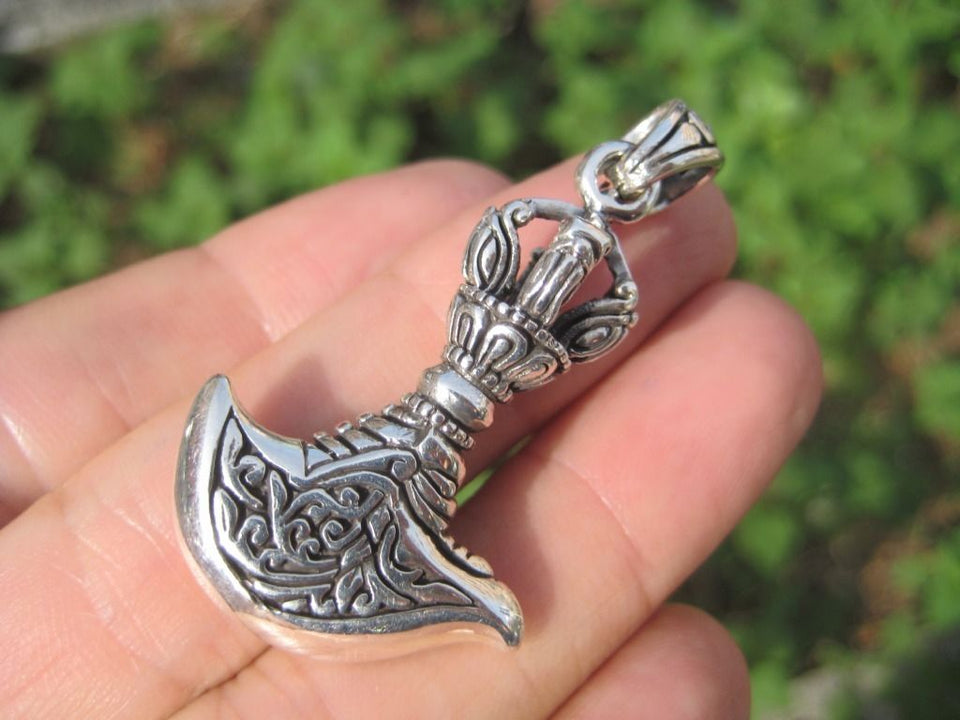 Large 925 Silver Kartika Vajra Dorje Axe Knife Pendant Necklace A7