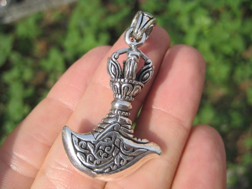 Large 925 Silver Kartika Vajra Dorje Axe Knife Pendant Necklace A7