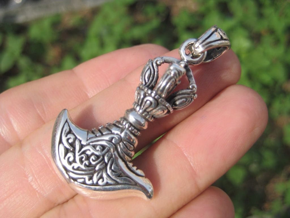 Large 925 Silver Kartika Vajra Dorje Axe Knife Pendant Necklace A7