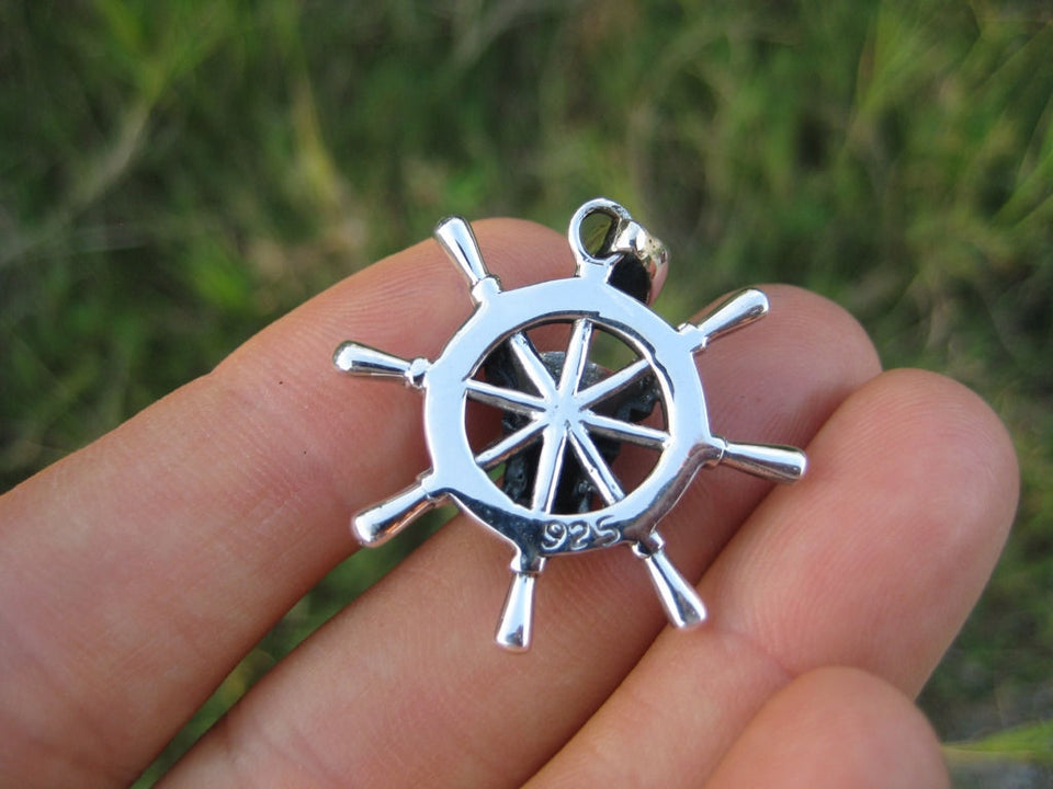 925 Silver Skull Pirate Captains Ship Wheel Pendant Necklace