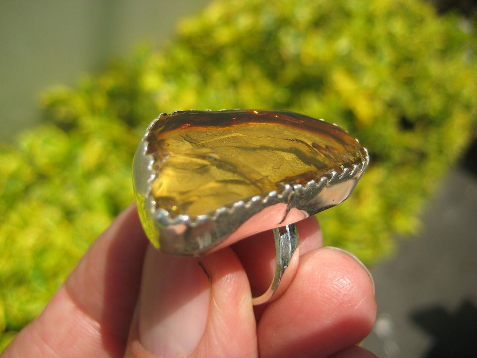 925 Silver Amber Ring Taxco Mexico Size 6 ( Adjustable ) A8566