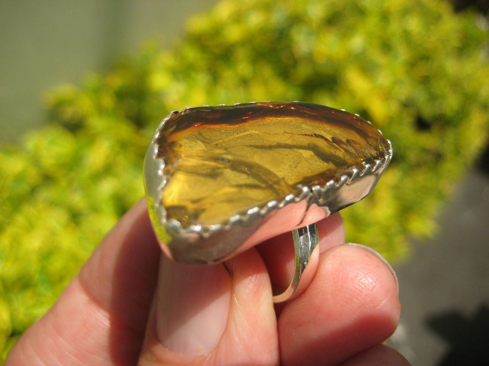 925 Silver Amber Ring Taxco Mexico Size 6 ( Adjustable ) A8566