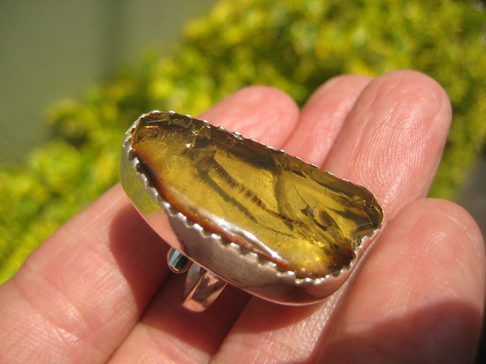 925 Silver Amber Ring Taxco Mexico Size 6 ( Adjustable ) A8566
