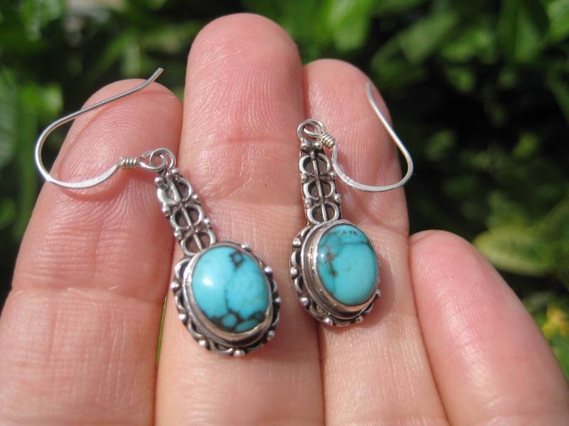 925 Silver Tibetan Turquoise Earrings Earring jewelry Nepal himalayan art A3