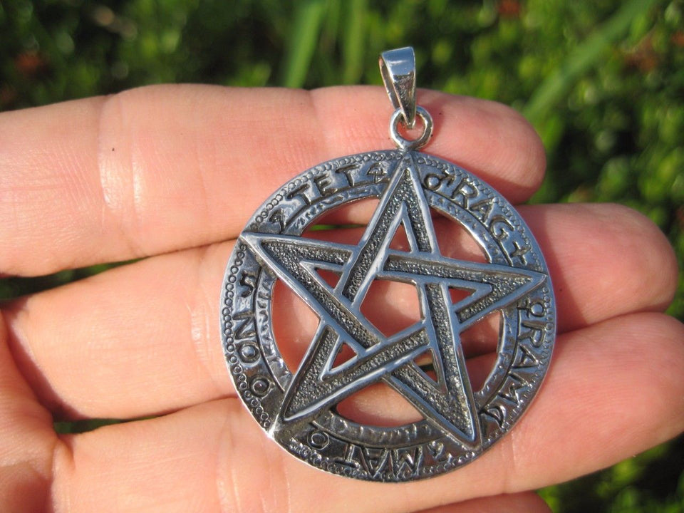 Extra Large 925 Sterling Silver Wicca Pentagram Pendant Necklace A18