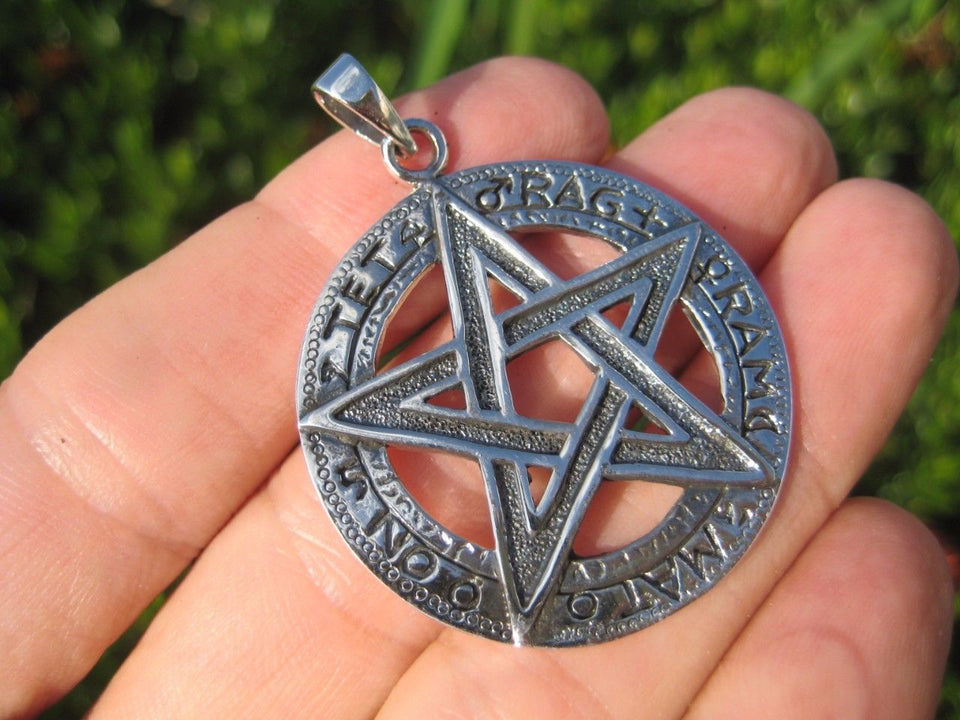 Extra Large 925 Sterling Silver Wicca Pentagram Pendant Necklace A18