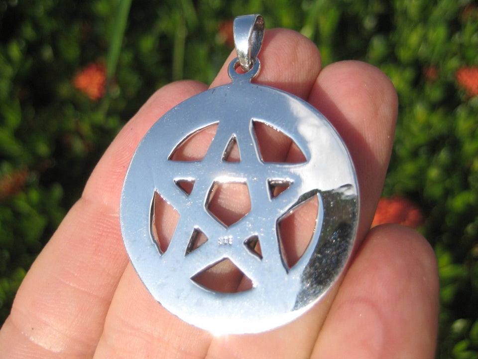 Extra Large 925 Sterling Silver Wicca Pentagram Pendant Necklace A18