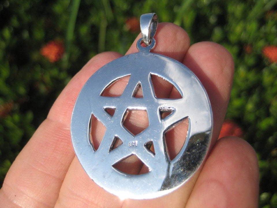 Extra Large 925 Sterling Silver Wicca Pentagram Pendant Necklace A18