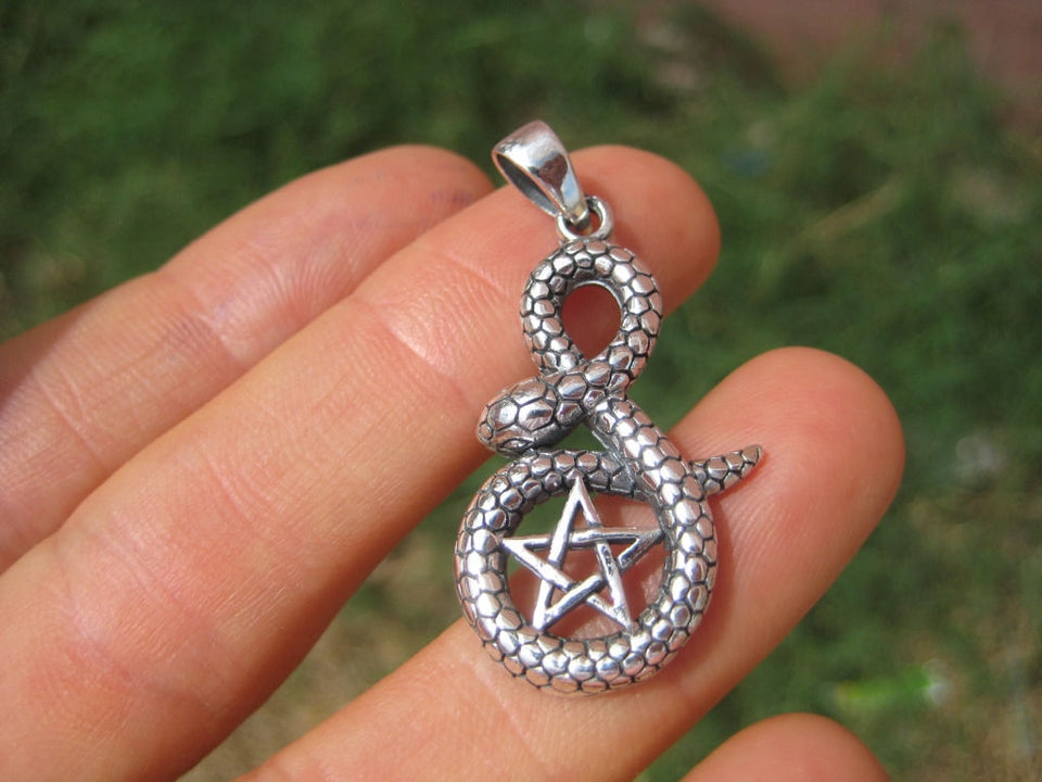 925 Sterling Silver Snake Pentagram Pendant Necklace Wicca Magic A45