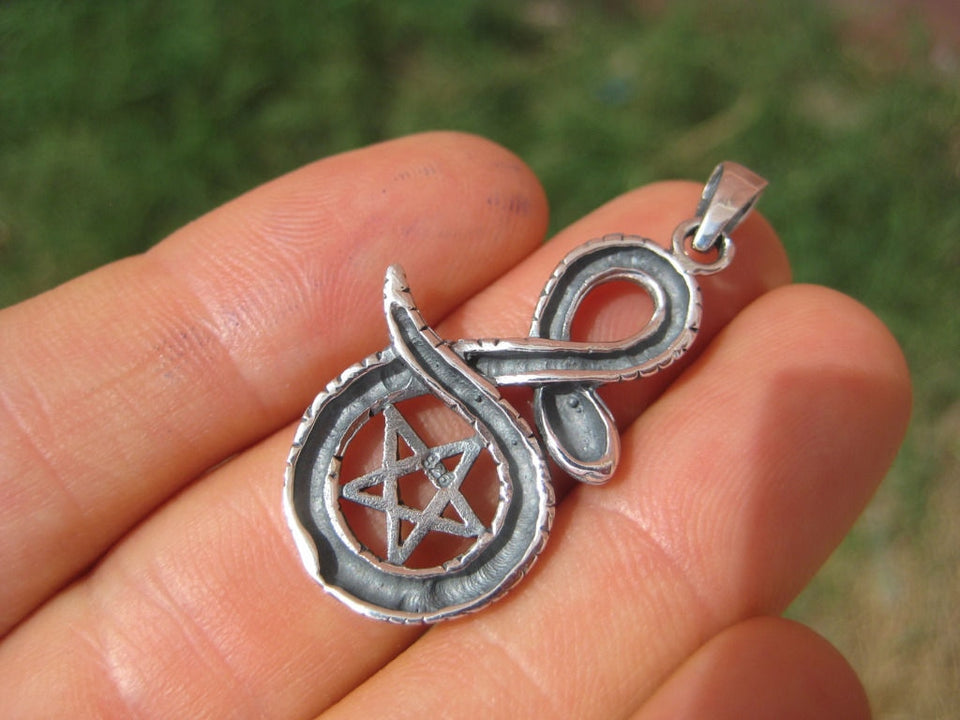 925 Sterling Silver Snake Pentagram Pendant Necklace Wicca Magic A45