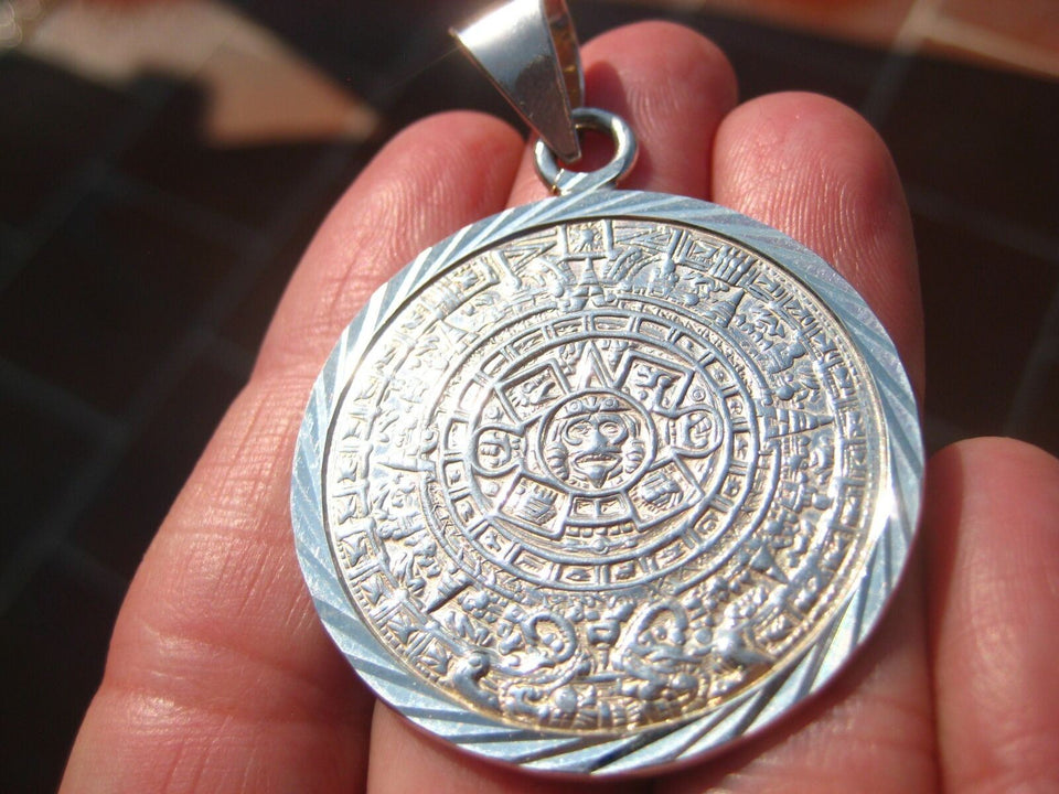 925 Silver Mayan Calendar Pendant Necklace Taxco Mexico A3486