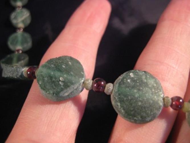 925 Silver Roman Glass Antique Green Bead Necklace N3866