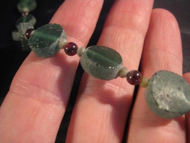 925 Silver Roman Glass Antique Green Bead Necklace N3866