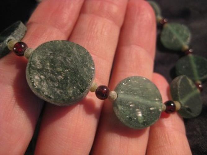 925 Silver Roman Glass Antique Green Bead Necklace N3866
