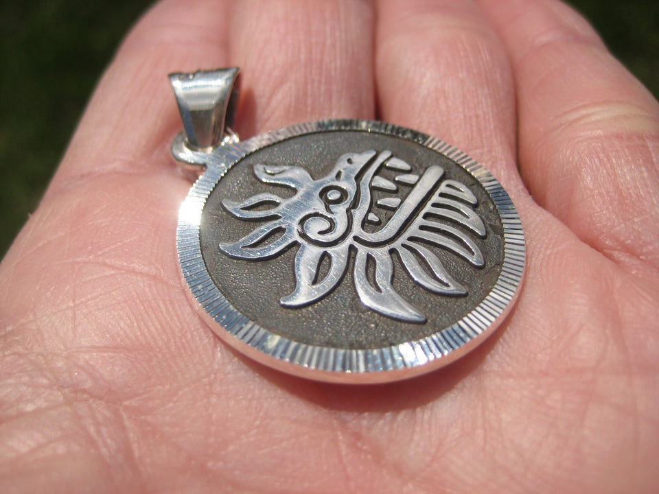 925 Silver Quetzalcoatl Kukulcán Aztec God Pendant Necklace Taxco Mexico A727