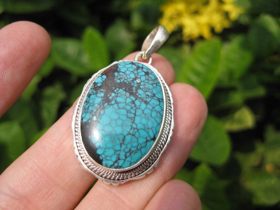 925 Silver Tibetan Turquoise stone crystal Pendant Necklace Nepal N3655