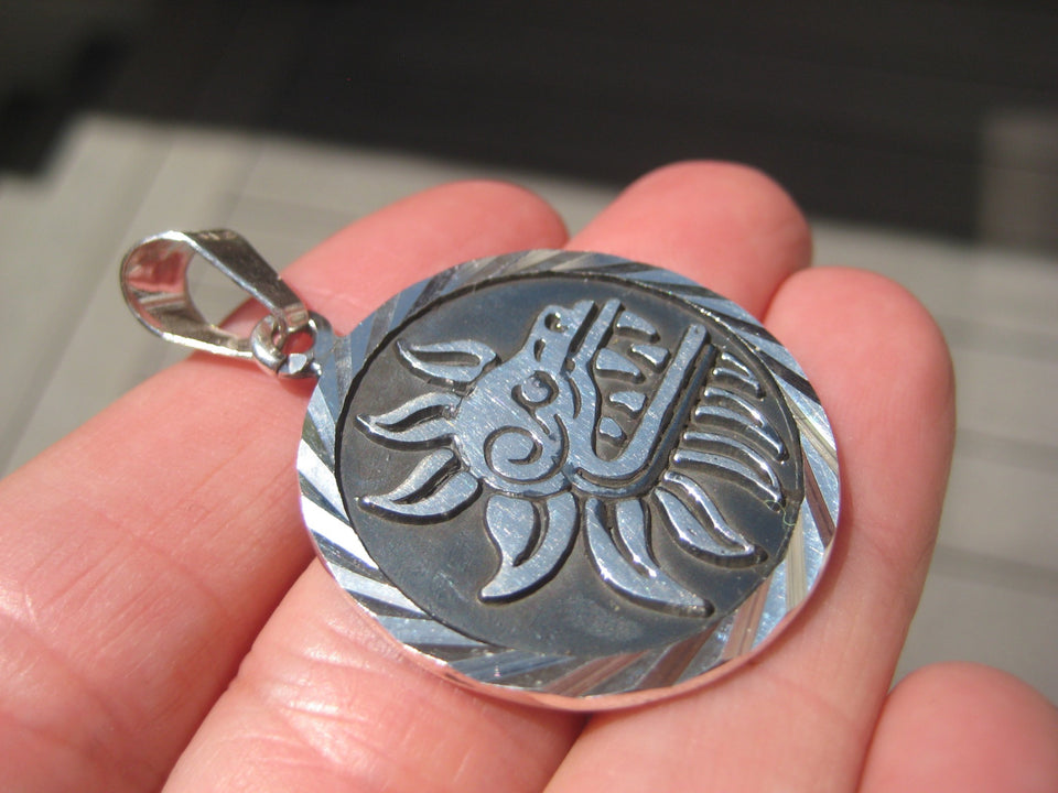 950 Silver Mayan Aztec Calendar Quetzalcoatl Pendant Necklace Mexico 950 A2998