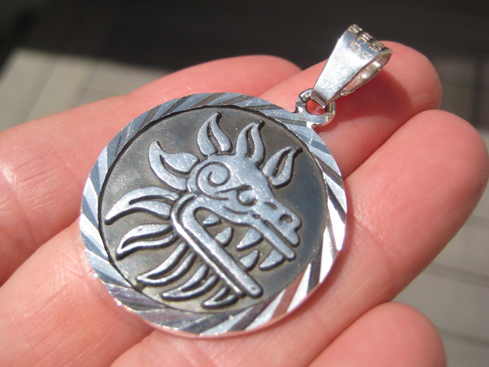 950 Silver Mayan Aztec Calendar Quetzalcoatl Pendant Necklace Mexico 950 A2998
