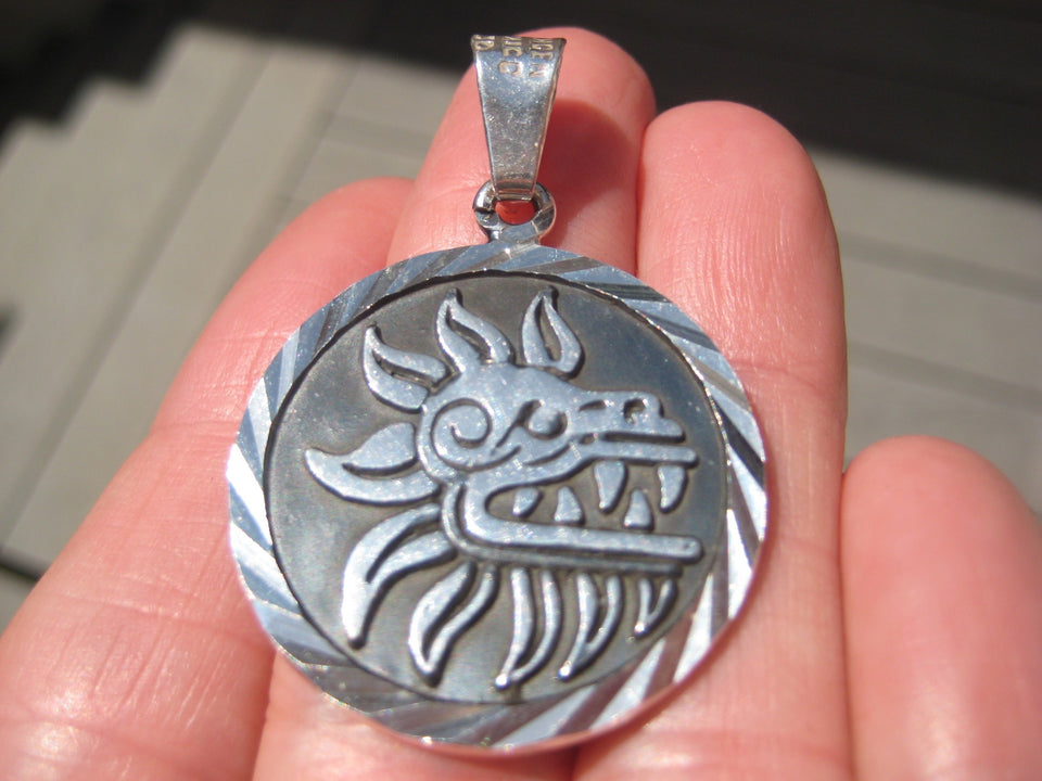 950 Silver Mayan Aztec Calendar Quetzalcoatl Pendant Necklace Mexico 950 A2998