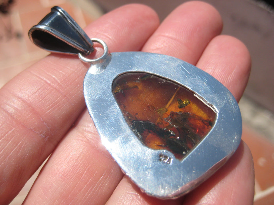 925 Silver amber Chiapas pendant necklace, Taxco, Mexico A2943