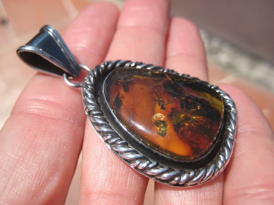 925 Silver amber Chiapas pendant necklace, Taxco, Mexico A2943