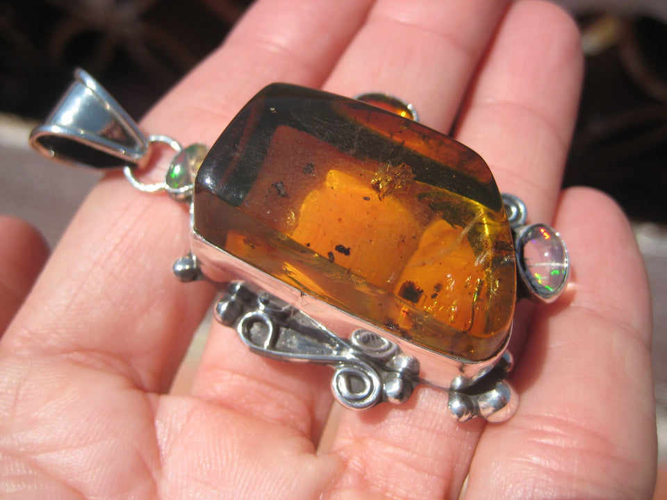 Natural Amber Opal Pendant Necklace Taxco Mexico Spyder Insect arachnid N4866