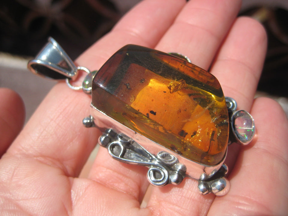 Natural Amber Opal Pendant Necklace Taxco Mexico Spyder Insect arachnid N4866