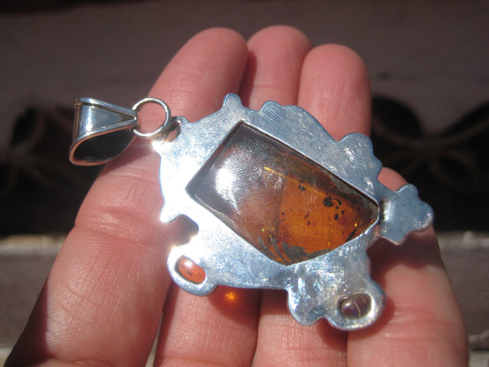 Natural Amber Opal Pendant Necklace Taxco Mexico Spyder Insect arachnid N4866