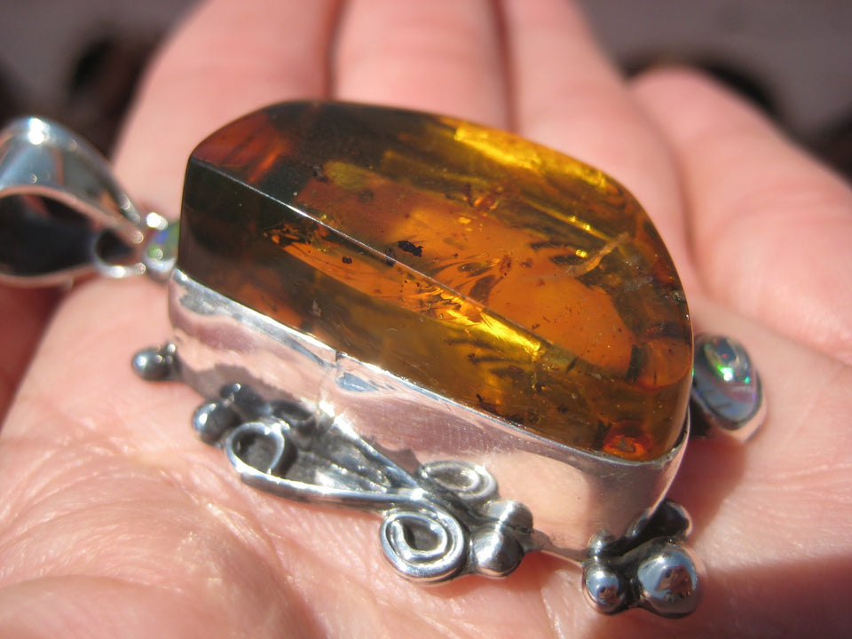 Natural Amber Opal Pendant Necklace Taxco Mexico Spyder Insect arachnid N4866