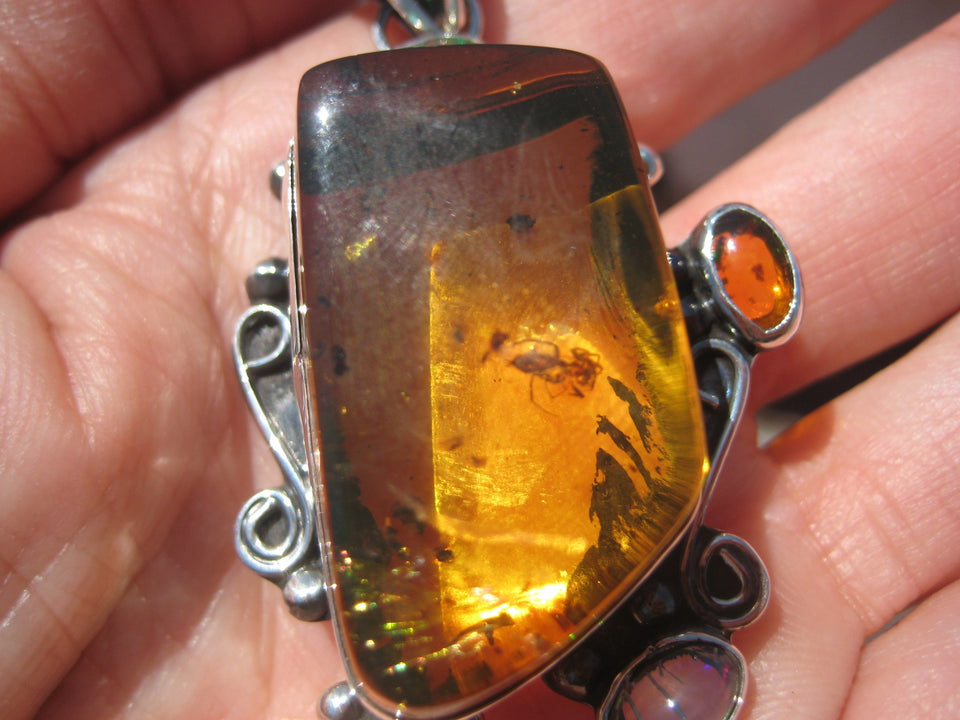 Natural Amber Opal Pendant Necklace Taxco Mexico Spyder Insect arachnid N4866