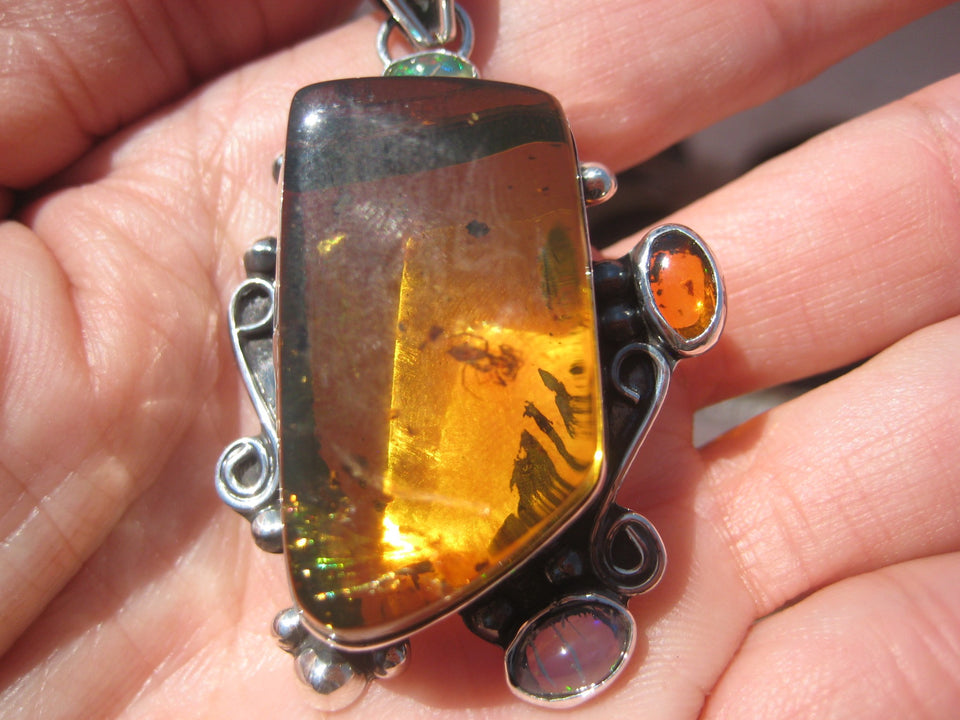 Natural Amber Opal Pendant Necklace Taxco Mexico Spyder Insect arachnid N4866