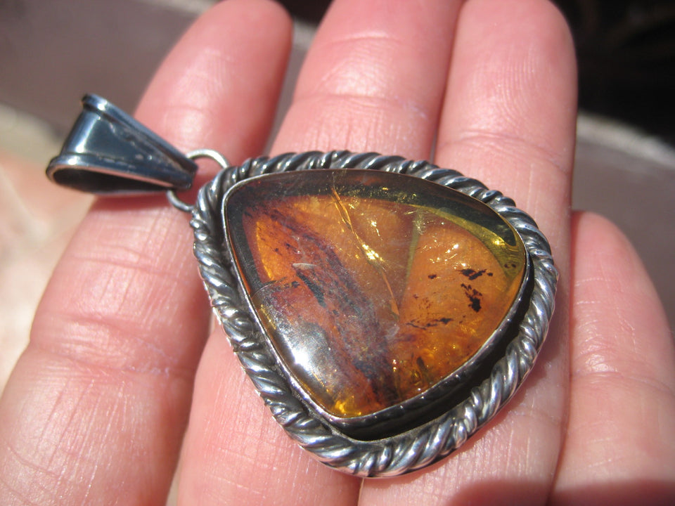 925 Silver amber Chiapas pendant necklace Taxco Mexico A2286