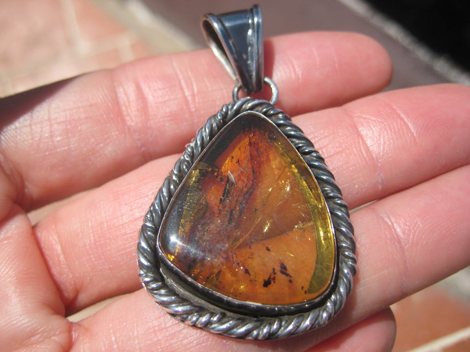 925 Silver amber Chiapas pendant necklace Taxco Mexico A2286