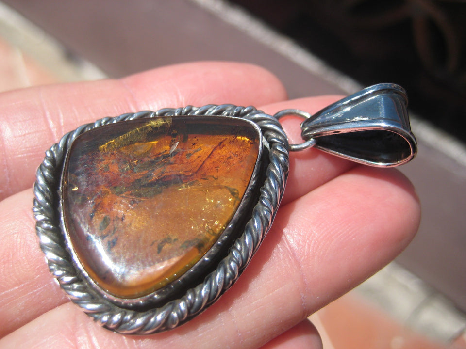 925 Silver amber Chiapas pendant necklace Taxco Mexico A2286