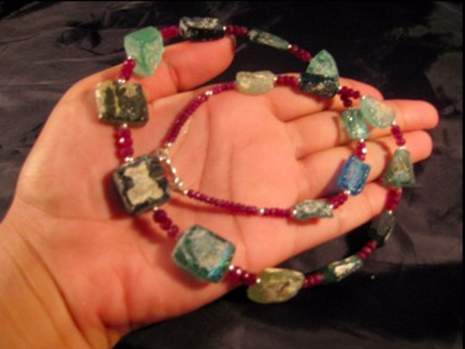 925 Silver Roman Glass Ruby Stone Bead Necklace Jewelry Afghanistan 1500 yr A264