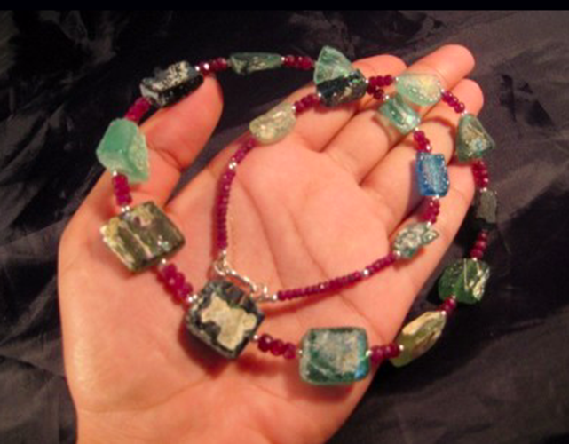 925 Silver Roman Glass Ruby Stone Bead Necklace Jewelry Afghanistan 1500 yr A264
