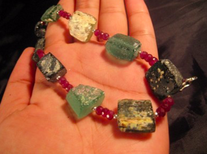 925 Silver Roman Glass Ruby Stone Bead Necklace Jewelry Afghanistan 1500 yr A264