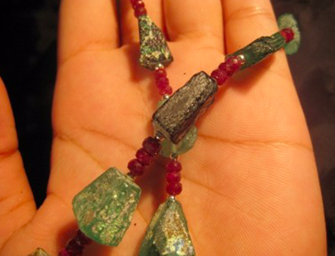 925 Silver Roman Glass Ruby Stone Bead Necklace Jewelry Afghanistan 1500 yr A264