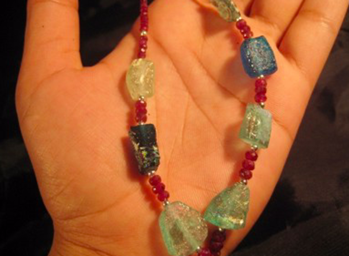 925 Silver Roman Glass Ruby Stone Bead Necklace Jewelry Afghanistan 1500 yr A264
