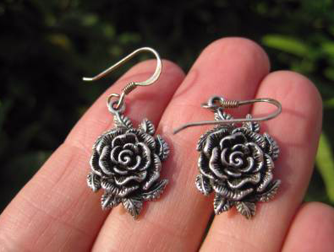 925 Silver Rose Flower Earrings Earring jewelry Cambodia art N334