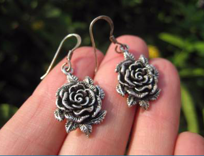 925 Silver Rose Flower Earrings Earring jewelry Cambodia art N334