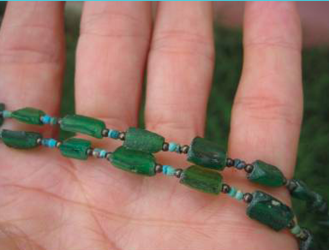 925 Silver Roman Glass Green old Antique Bead Necklace 1200 yrs A3