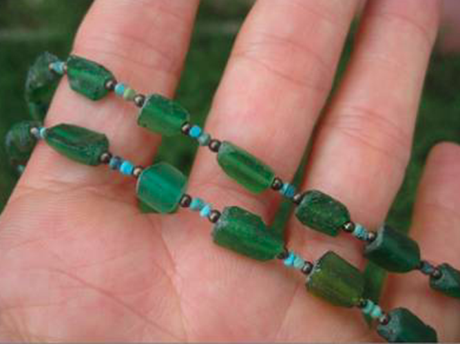 925 Silver Roman Glass Green old Antique Bead Necklace 1200 yrs A3